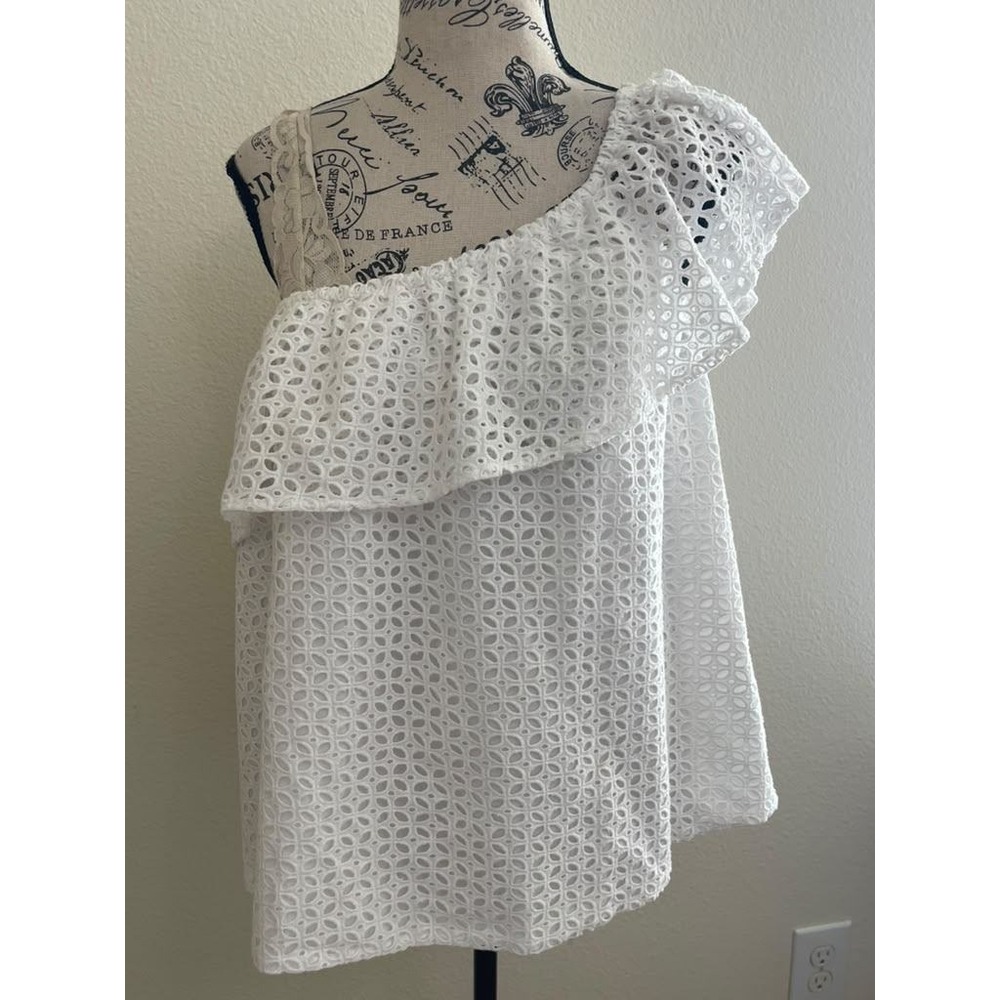 Lauren James Reagan Ruffle Top White One Shoulder Eyelet Cotton T1SP18RRTE M